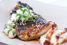 Pan Seared Teriyaki Sea bass with Shrimp Risotto and Asian Slaw